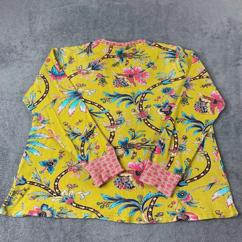 Sundance Women Large Pajama Set Yellow Floral Waffle Knit Cotton Henley Joggers